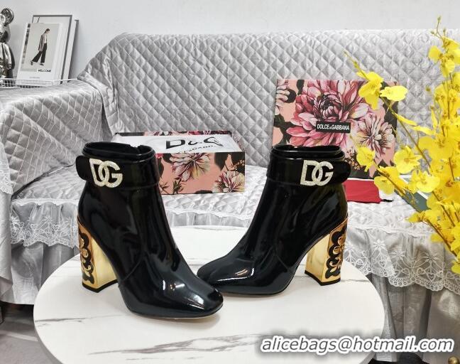 Best Grade Dolce&Gabbana Patent Leather Heel Ankle Boots 10.5cm with Crystal DG Black 090840