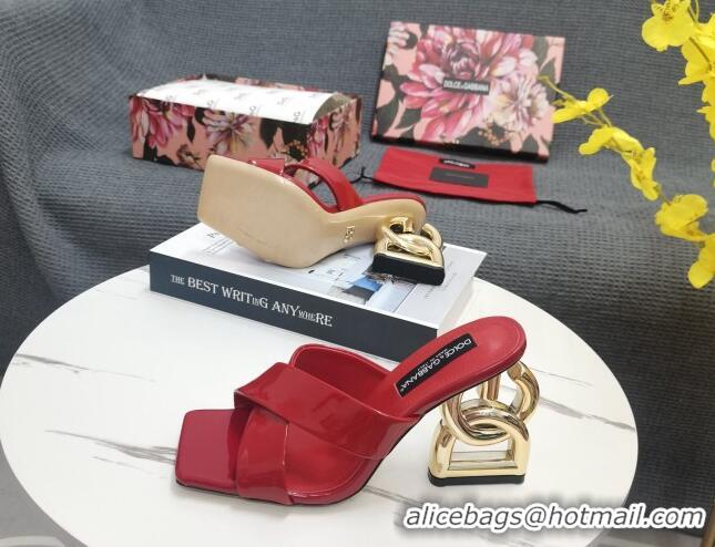 Luxurious Dolce&Gabbana DG Patent Leather Slide Sandals 10.5cm Red 090848