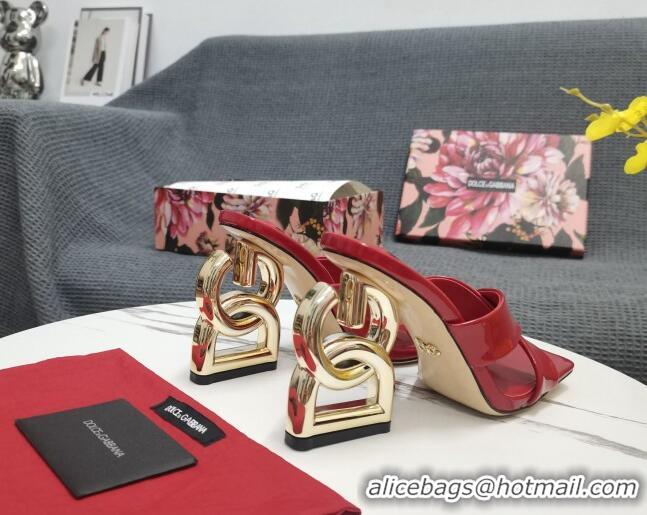 Luxurious Dolce&Gabbana DG Patent Leather Slide Sandals 10.5cm Red 090848