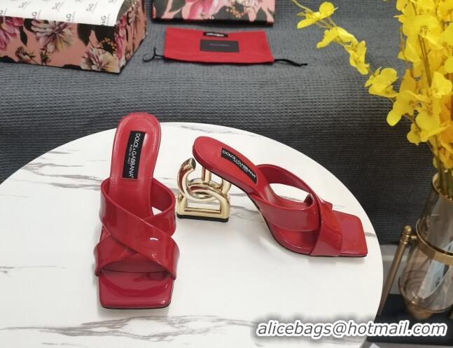 Luxurious Dolce&Gabbana DG Patent Leather Slide Sandals 10.5cm Red 090848