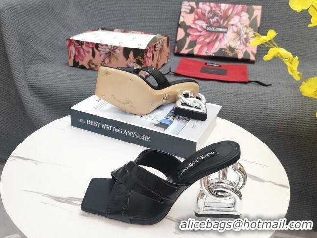 Shop Cheap Dolce&Gabbana DG Embossed Leather Slide Sandals 10.5cm Black 090850