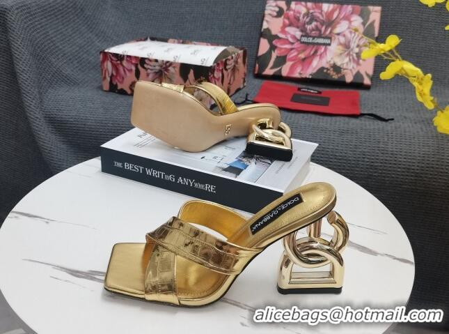 Most Popular Dolce&Gabbana DG Embossed Leather Slide Sandals 10.5cm Gold 090851