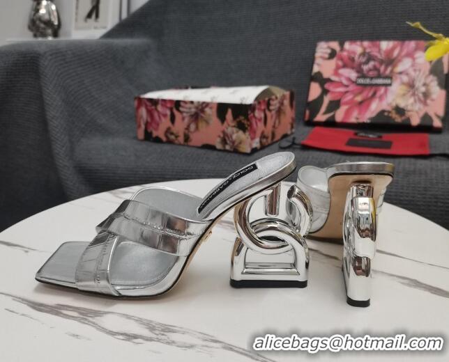 Unique Style Dolce&Gabbana DG Embossed Leather Slide Sandals 10.5cm Silver 090852