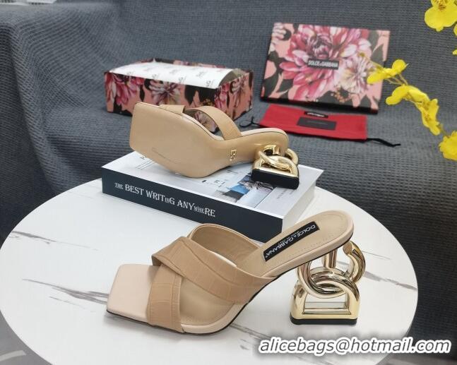 Low Price Dolce&Gabbana DG Embossed Leather Slide Sandals 10.5cm Beige 090854