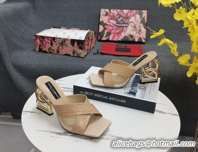 Low Price Dolce&Gabbana DG Embossed Leather Slide Sandals 10.5cm Beige 090854