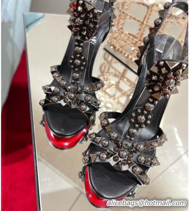 Perfect Christian Louboutin Goldora Leather High Heel Sandals 10cm with Allover Studs Black 060176