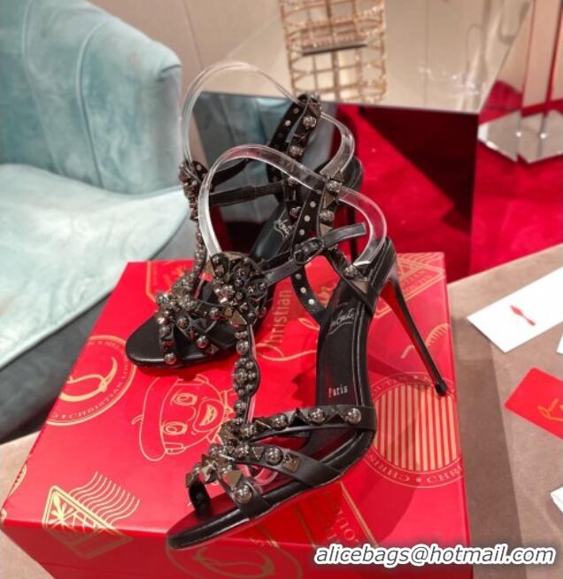 Perfect Christian Louboutin Goldora Leather High Heel Sandals 10cm with Allover Studs Black 060176