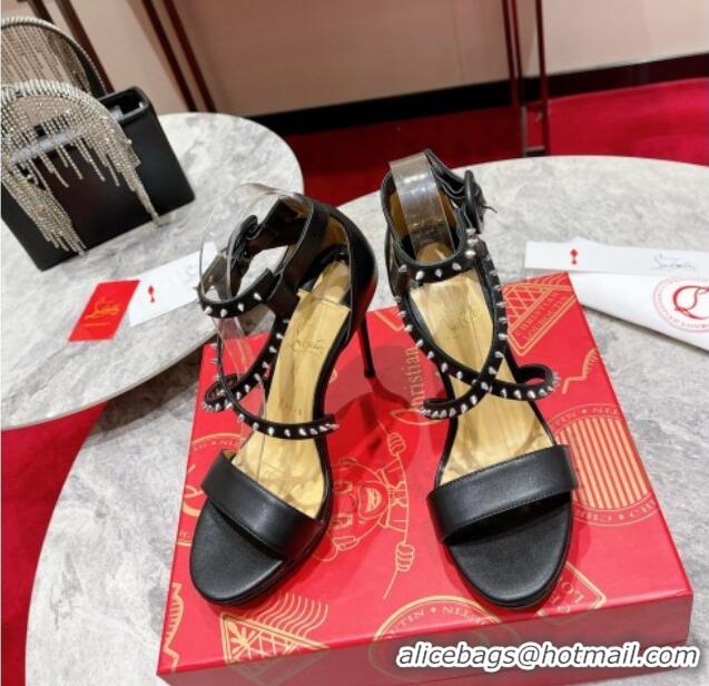 Best Grade Christian Louboutin Choca Lux Black Lambskin High Heel Sandals 12cm with Studs Cross Strap 060180