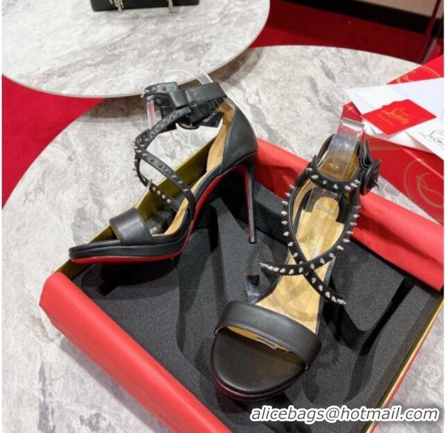 Best Grade Christian Louboutin Choca Lux Black Lambskin High Heel Sandals 12cm with Studs Cross Strap 060180