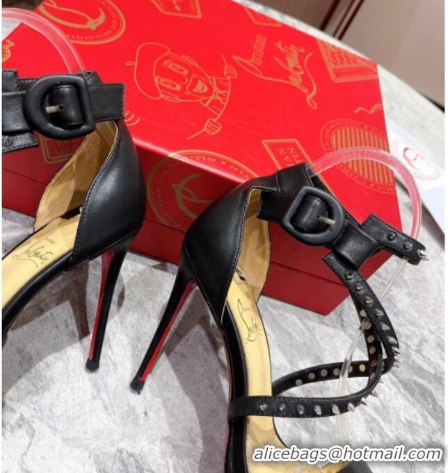 Best Grade Christian Louboutin Choca Lux Black Lambskin High Heel Sandals 12cm with Studs Cross Strap 060180