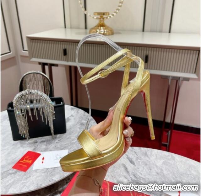 Good Quality Christian Louboutin Loubi Queen High Heel Sandals 12cm with Ankle Strap Gold 060181