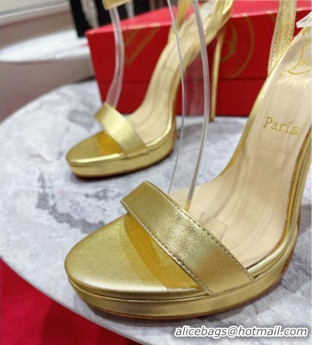 Good Quality Christian Louboutin Loubi Queen High Heel Sandals 12cm with Ankle Strap Gold 060181