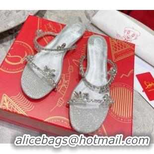 Good Quality Christian Louboutin Just Queen Shiny Leather Flat Slide Sandals Silver 060191