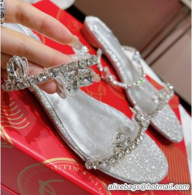 Good Quality Christian Louboutin Just Queen Shiny Leather Flat Slide Sandals Silver 060191