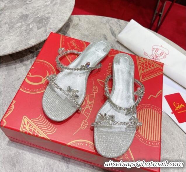 Good Quality Christian Louboutin Just Queen Shiny Leather Flat Slide Sandals Silver 060191