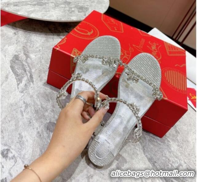 Good Quality Christian Louboutin Just Queen Shiny Leather Flat Slide Sandals Silver 060191