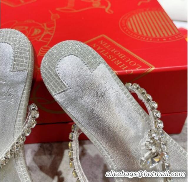 Good Quality Christian Louboutin Just Queen Shiny Leather Flat Slide Sandals Silver 060191