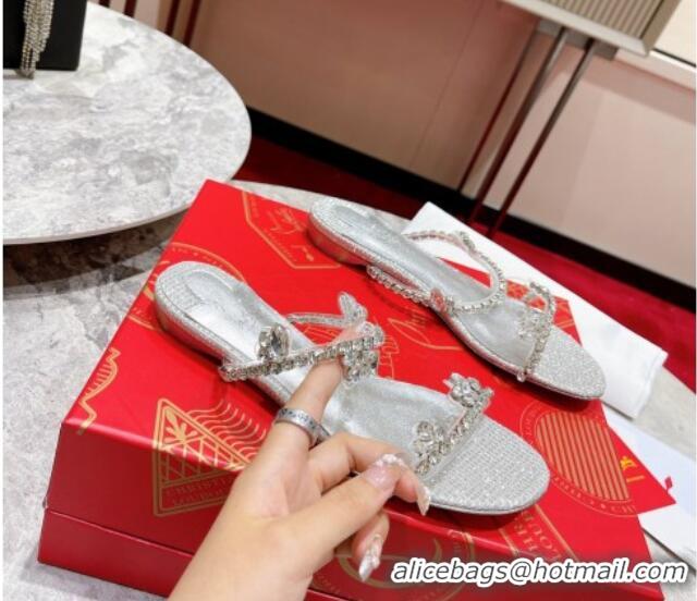 Good Quality Christian Louboutin Just Queen Shiny Leather Flat Slide Sandals Silver 060191