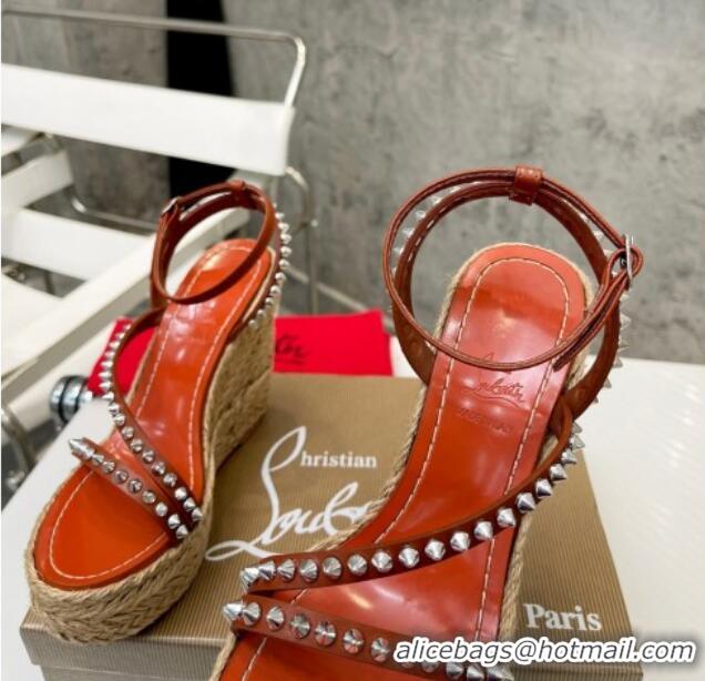 Best Price Christian Louboutin Malfadina Zeppa Wedge Sandals 12cm with Studded Strap Brown 070426