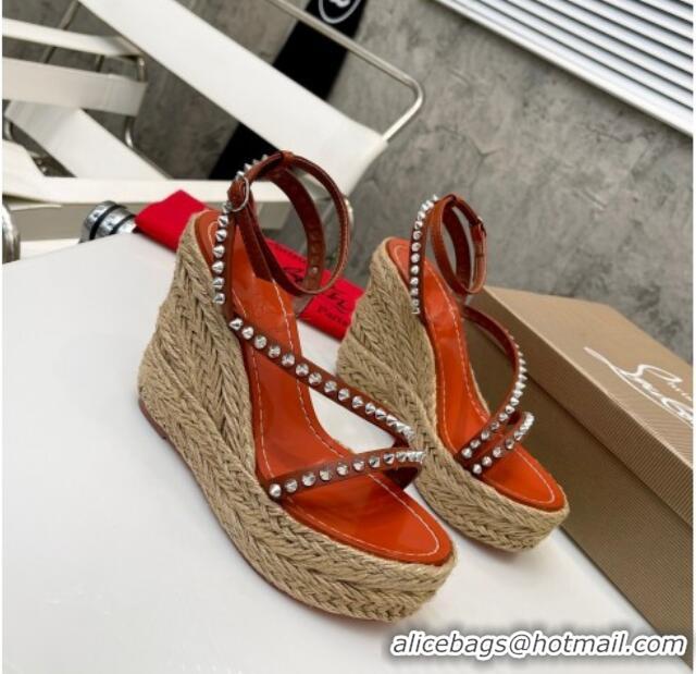 Best Price Christian Louboutin Malfadina Zeppa Wedge Sandals 12cm with Studded Strap Brown 070426