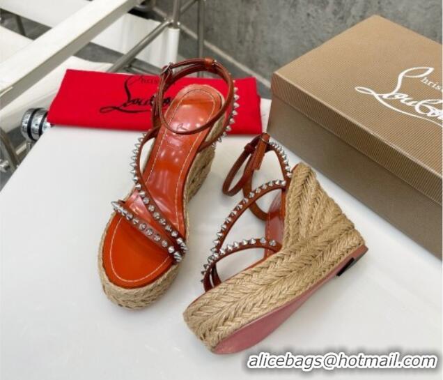 Best Price Christian Louboutin Malfadina Zeppa Wedge Sandals 12cm with Studded Strap Brown 070426