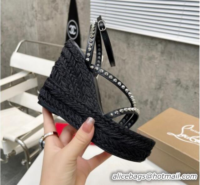 Good Looking Christian Louboutin Malfadina Zeppa Wedge Sandals 12cm with Studded Strap Black 070427