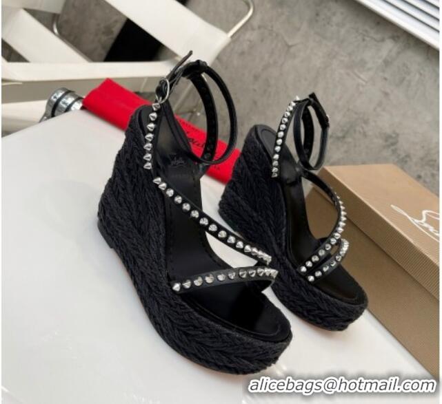 Good Looking Christian Louboutin Malfadina Zeppa Wedge Sandals 12cm with Studded Strap Black 070427