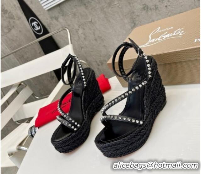 Good Looking Christian Louboutin Malfadina Zeppa Wedge Sandals 12cm with Studded Strap Black 070427