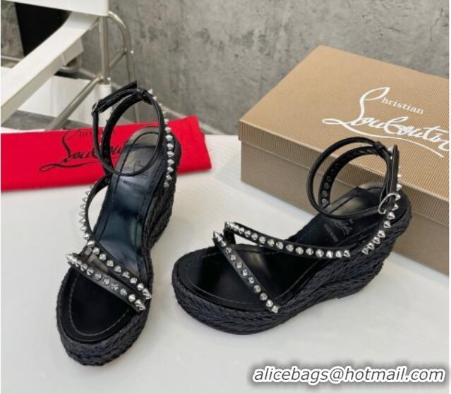 Good Looking Christian Louboutin Malfadina Zeppa Wedge Sandals 12cm with Studded Strap Black 070427