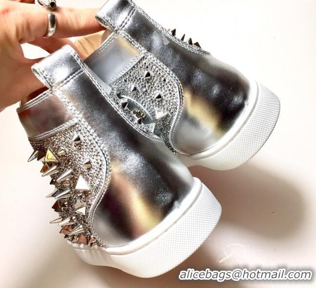 Luxurious Christian Louboutin Lou Spikes Sneakers Silver 912053