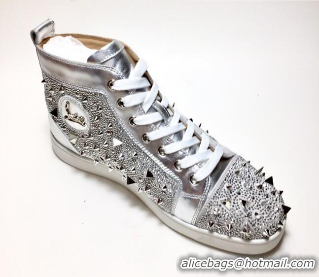 Luxurious Christian Louboutin Lou Spikes Sneakers Silver 912053