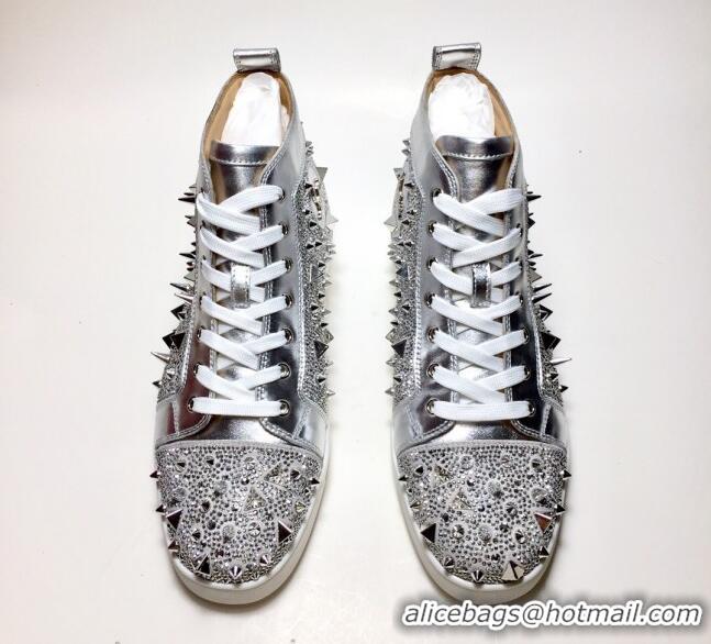 Luxurious Christian Louboutin Lou Spikes Sneakers Silver 912053