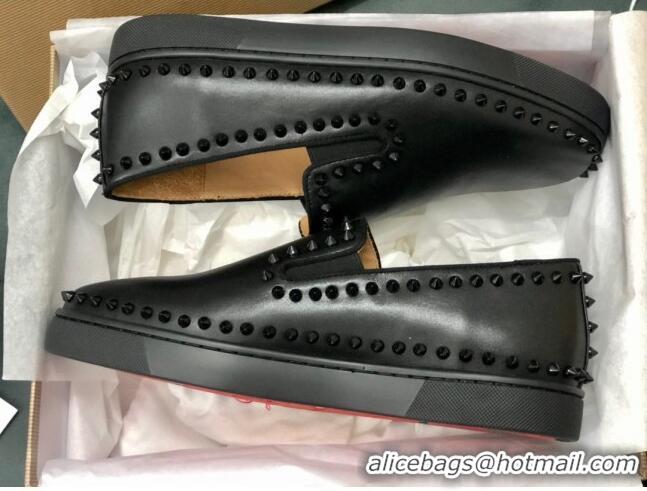 Low Cost Christian Louboutin Pik Boat Flat Shoes in Black Leather 912072