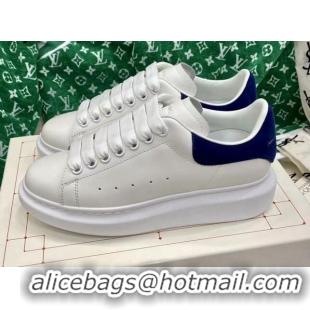 Popular Style Alexander McQueen Oversized Sneakers in White Silky Calfskin with Navy Blue Suede Back 072304