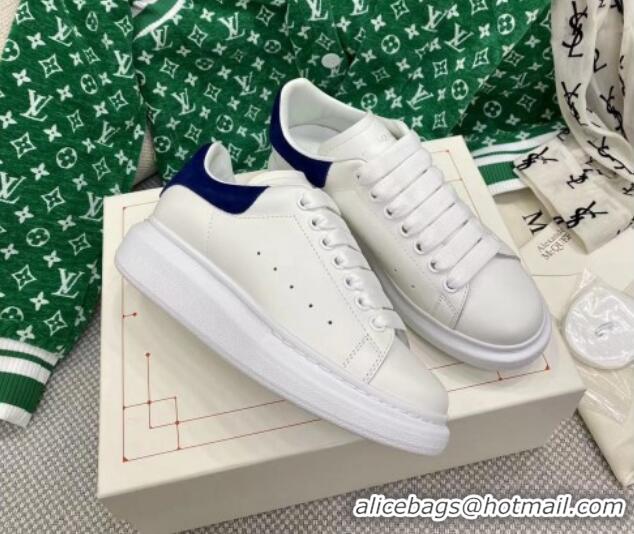 Popular Style Alexander McQueen Oversized Sneakers in White Silky Calfskin with Navy Blue Suede Back 072304