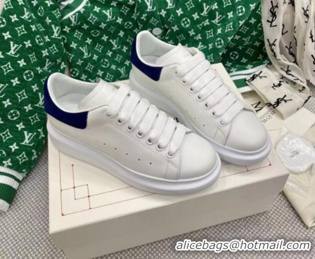 Popular Style Alexander McQueen Oversized Sneakers in White Silky Calfskin with Navy Blue Suede Back 072304