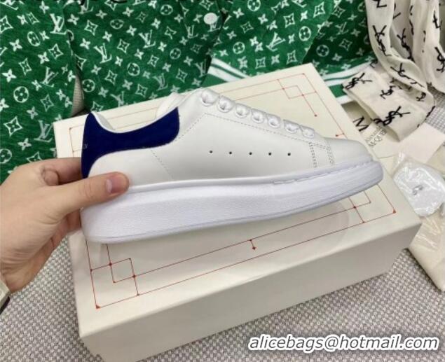 Popular Style Alexander McQueen Oversized Sneakers in White Silky Calfskin with Navy Blue Suede Back 072304