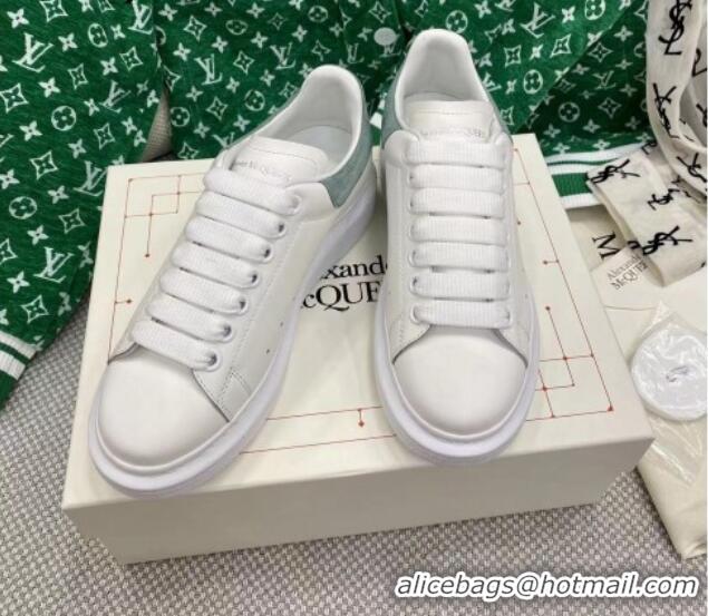 Best Price Alexander McQueen Oversized Sneakers in White Silky Calfskin with Dusty Green Suede Back 072305