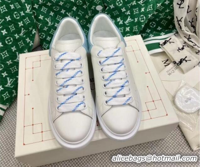 Discount Alexander McQueen Oversized Sneakers in White Silky Calfskin with Blue Rubber Back 072308