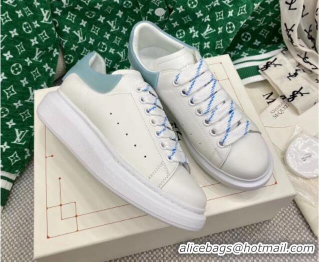 Discount Alexander McQueen Oversized Sneakers in White Silky Calfskin with Blue Rubber Back 072308