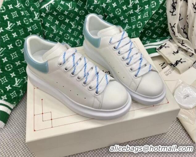 Discount Alexander McQueen Oversized Sneakers in White Silky Calfskin with Blue Rubber Back 072308