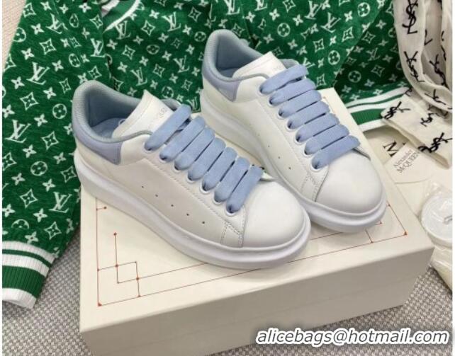 Sophisticated Alexander McQueen Oversized Sneakers in White Silky Calfskin with Blue Patent Back 072311