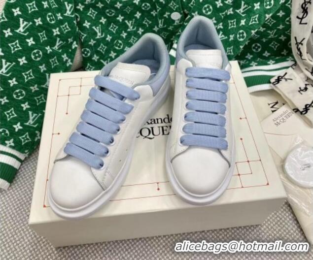 Sophisticated Alexander McQueen Oversized Sneakers in White Silky Calfskin with Blue Patent Back 072311