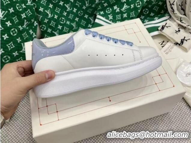 Sophisticated Alexander McQueen Oversized Sneakers in White Silky Calfskin with Blue Patent Back 072311