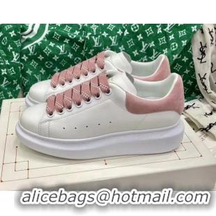 Top Grade Alexander McQueen Oversized Sneakers in White Silky Calfskin with Suede Back Light Pink 072314