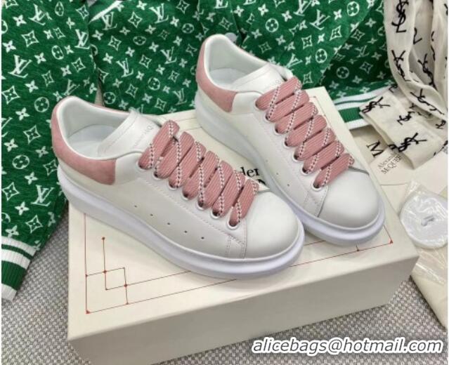 Top Grade Alexander McQueen Oversized Sneakers in White Silky Calfskin with Suede Back Light Pink 072314