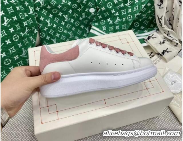 Top Grade Alexander McQueen Oversized Sneakers in White Silky Calfskin with Suede Back Light Pink 072314