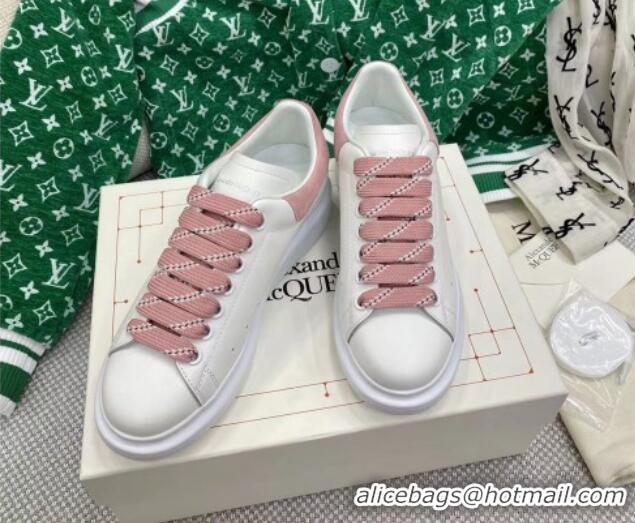 Top Grade Alexander McQueen Oversized Sneakers in White Silky Calfskin with Suede Back Light Pink 072314