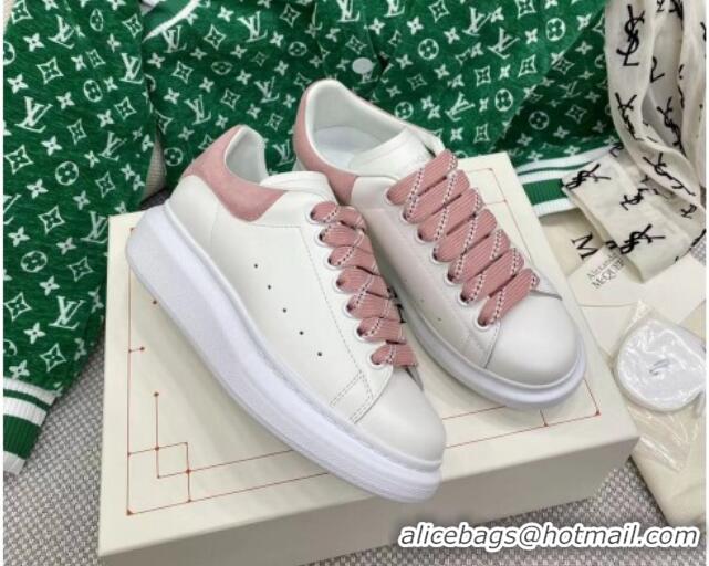 Top Grade Alexander McQueen Oversized Sneakers in White Silky Calfskin with Suede Back Light Pink 072314