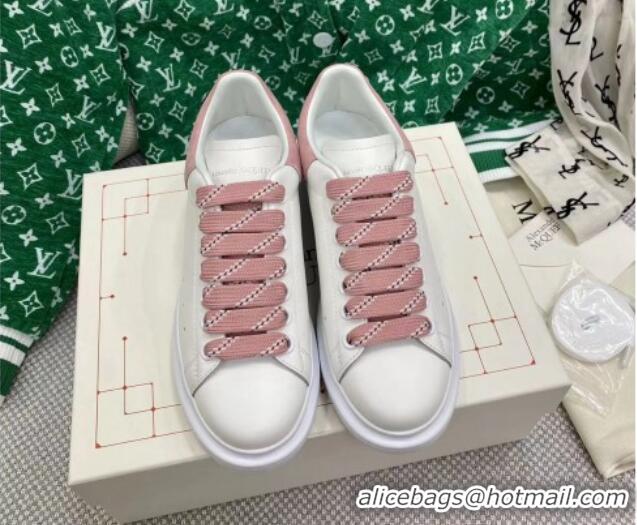 Top Grade Alexander McQueen Oversized Sneakers in White Silky Calfskin with Suede Back Light Pink 072314